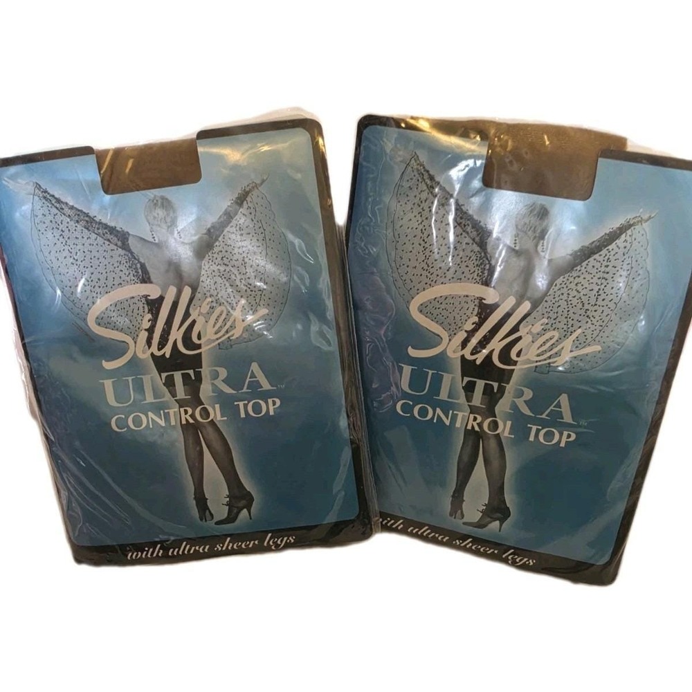 Vintage NOS‎ 2 Pks Silkies Ultra Sheer Control Top Pantyhose Large, Beige 030302